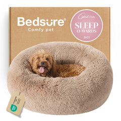 Bedsure calming dog bed round camel: plush fur for soothing cuddles and secure head support.