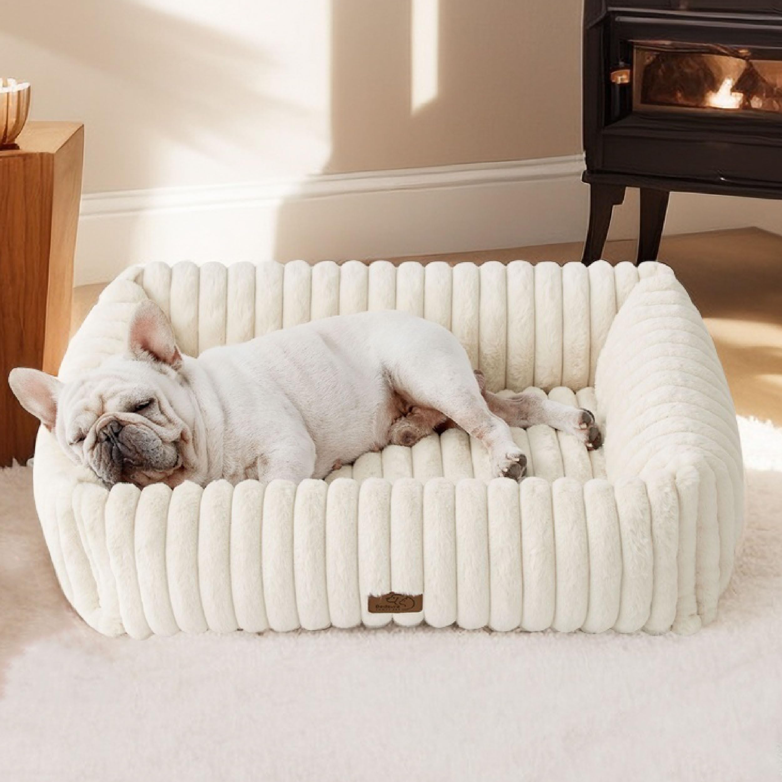 Bedsure dog bed side view in cream shows cozy raised edges for neck support.
