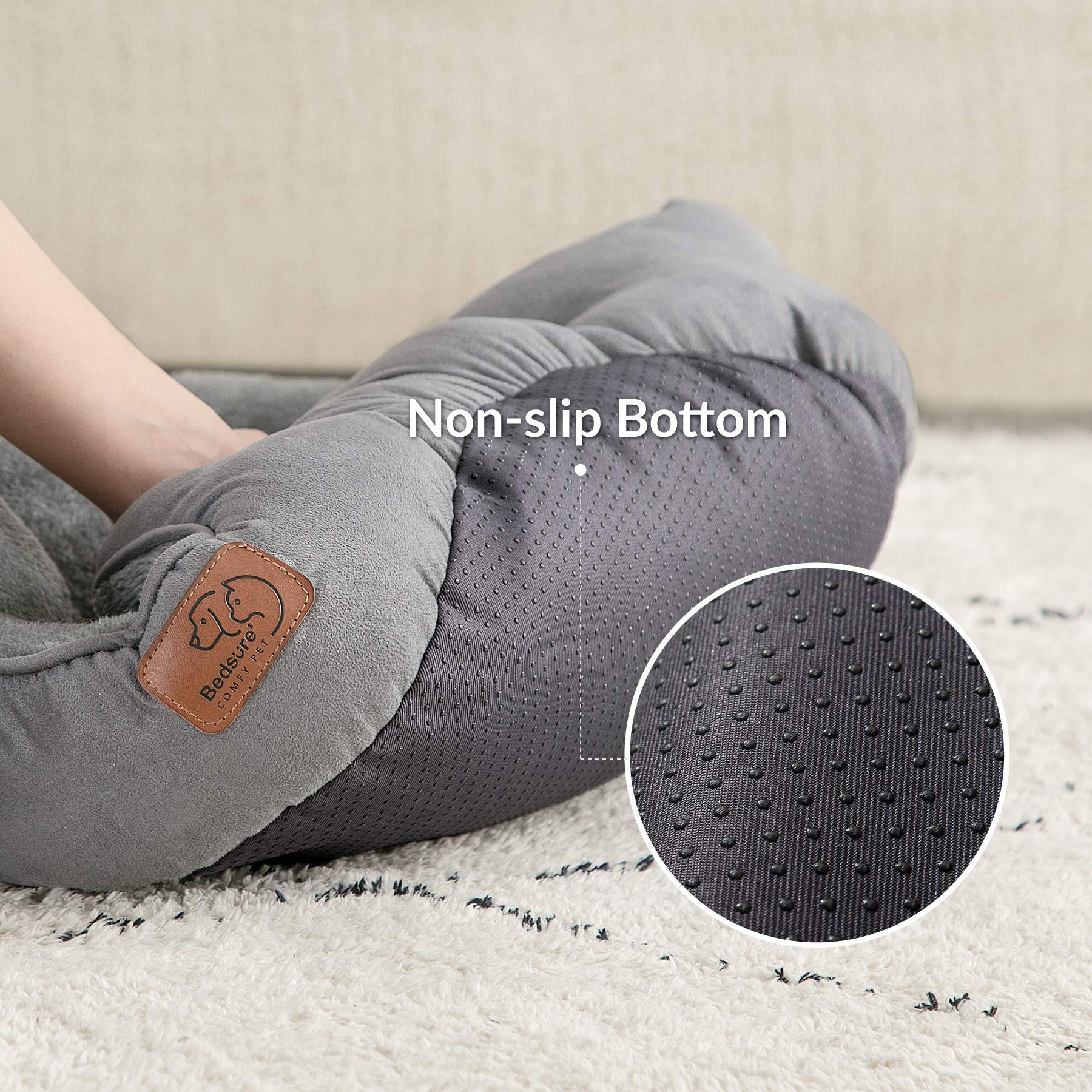 Bedsure round grey dog bed bolster detail showing secure, cushioned neck support.