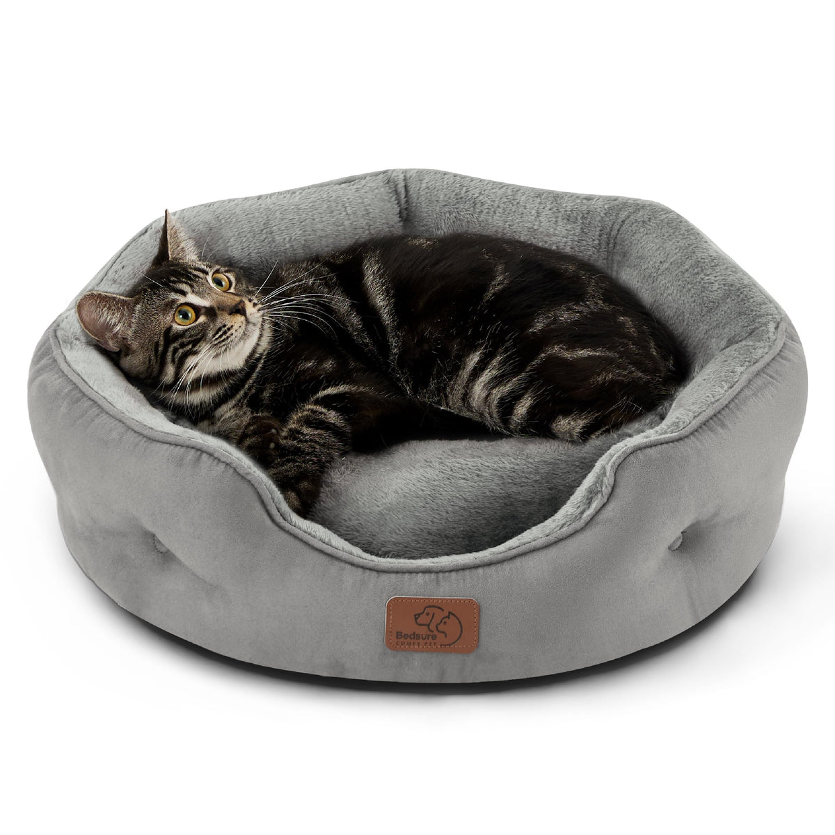 Bedsure round grey dog bed closeup of plush sherpa for cozy naps.