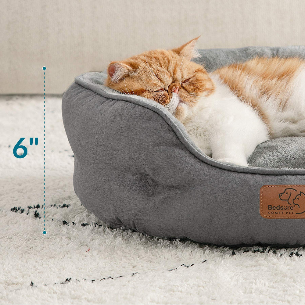 Bedsure grey round bed machine-washable cover for easy cleaning.