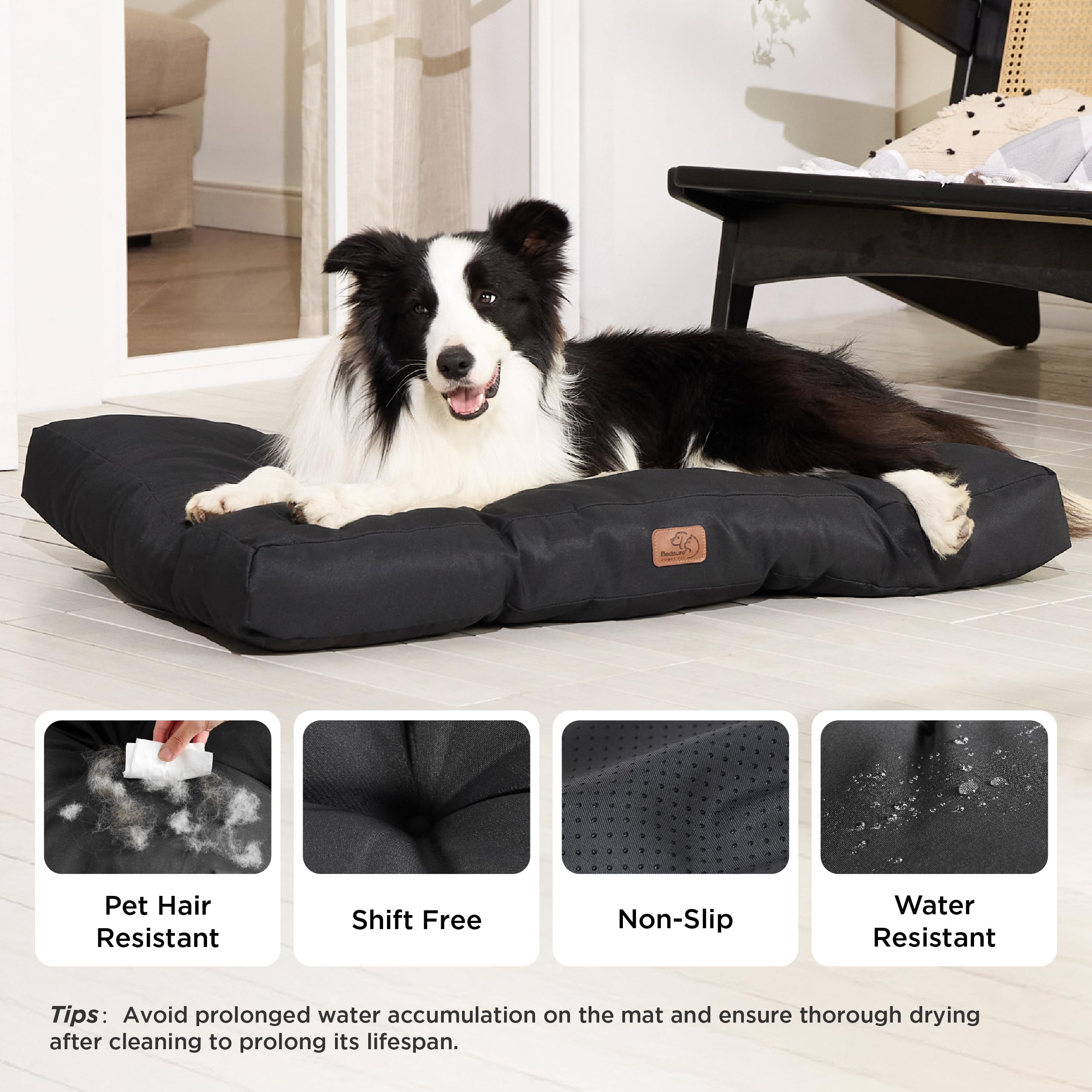 Bedsure dog bed waterproof cushion highlights easy-clean, stain-resistant protection.