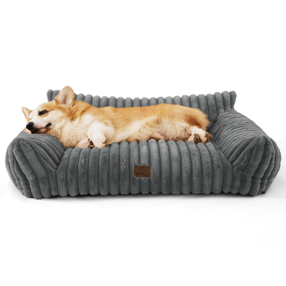 Bedsure dog couch in living room blends warm grey decor with cozy retreat.