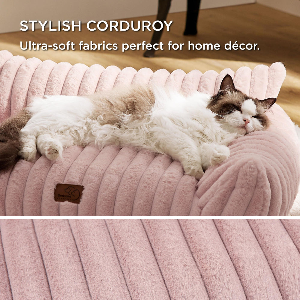 Bedsure dog couch three-sided support shows elevated head and neck comfort.