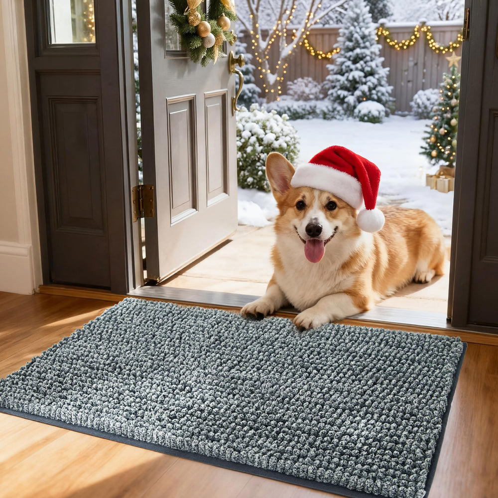 Bedsure dog door mat front view in gray traps mud and moisture at the doorway.
