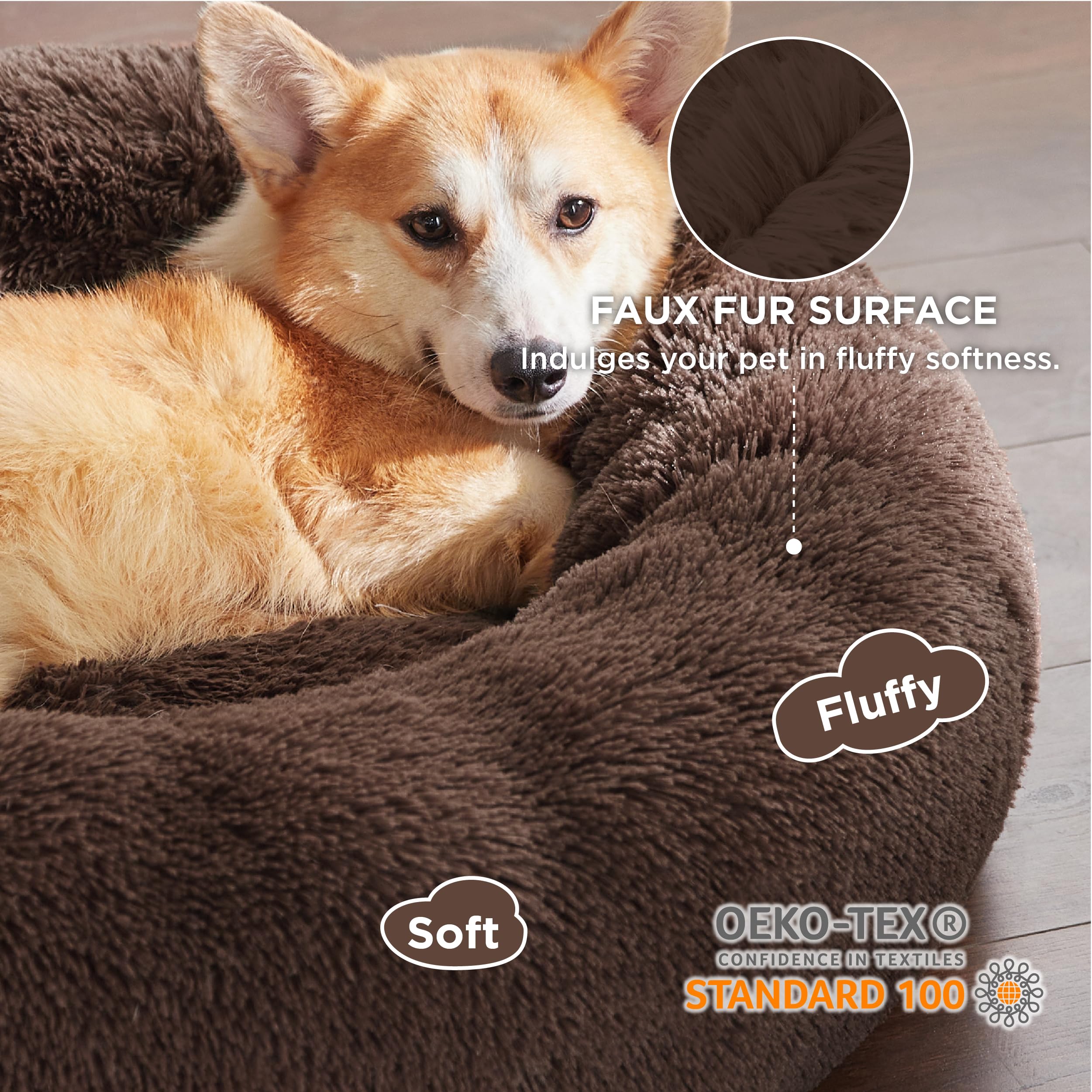 Bedsure donut bed anti-slip base keeps pets secure on slick floors.