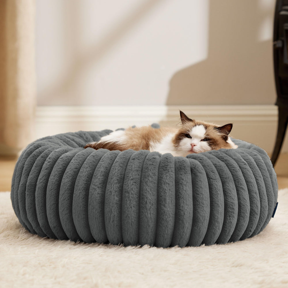 Bedsure donut bed nap scene showing restful indoor pet in warm grey
