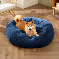 Bedsure calming dog bed material close-up with OEKO-TEX certification detail.