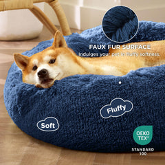 Bedsure donut bed navy top view highlights plush faux fur for curling up.