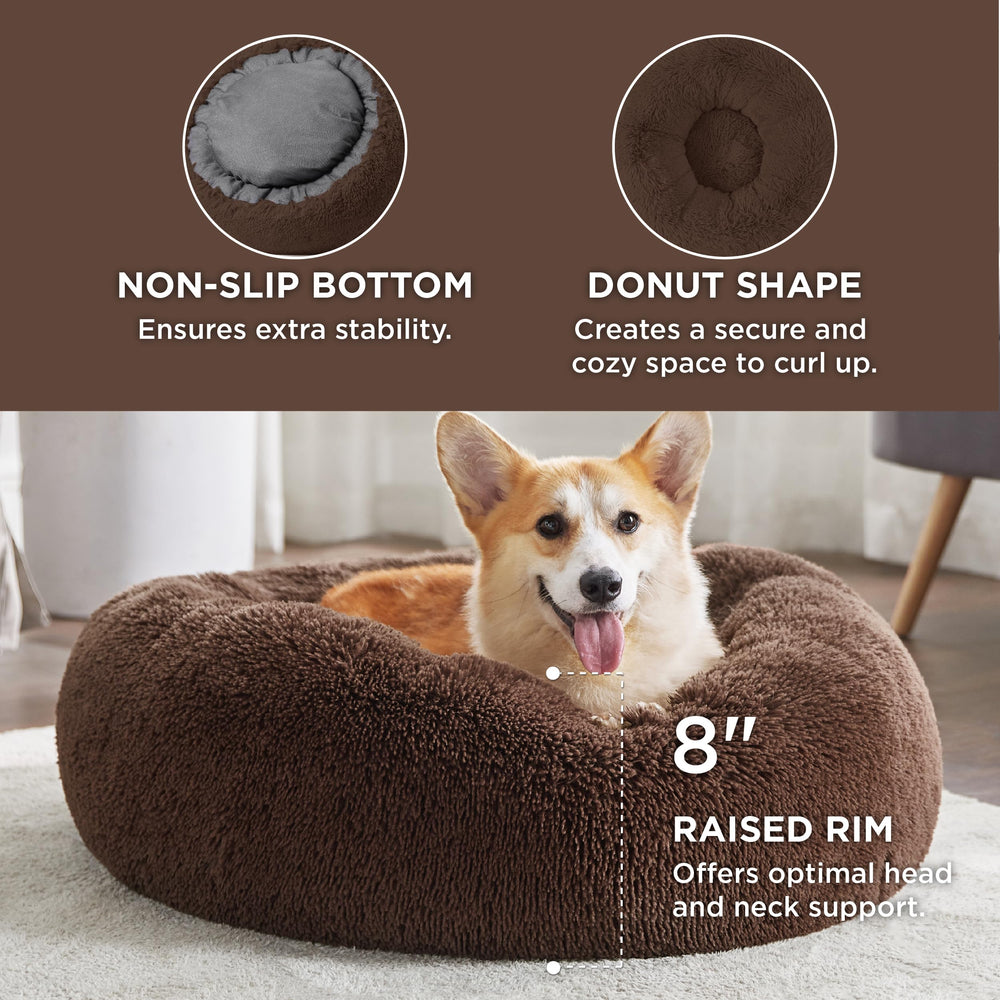 Bedsure donut bed raised rim supports head and neck during lounging.