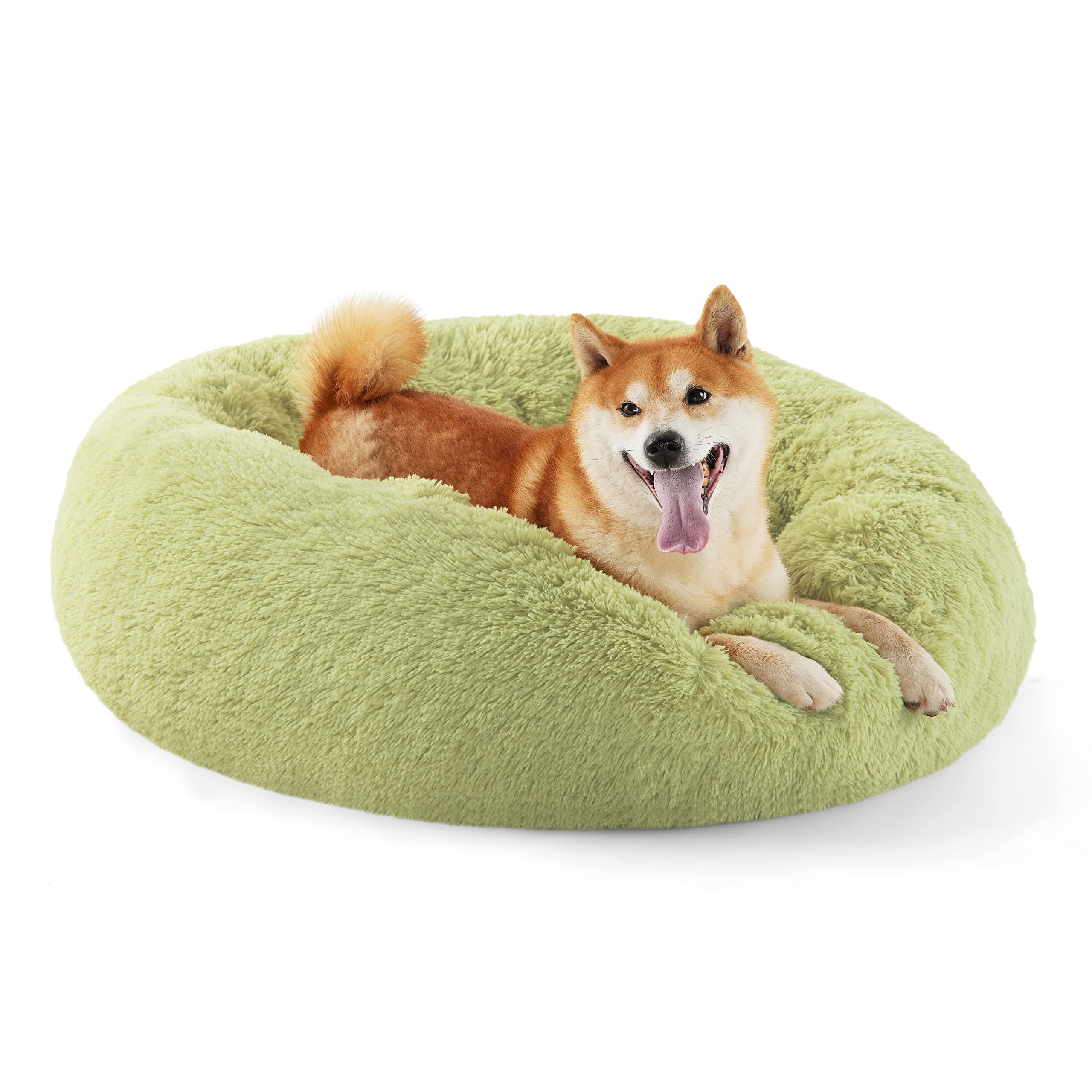 Bedsure donut bed round green front view showing plush fur for curling up