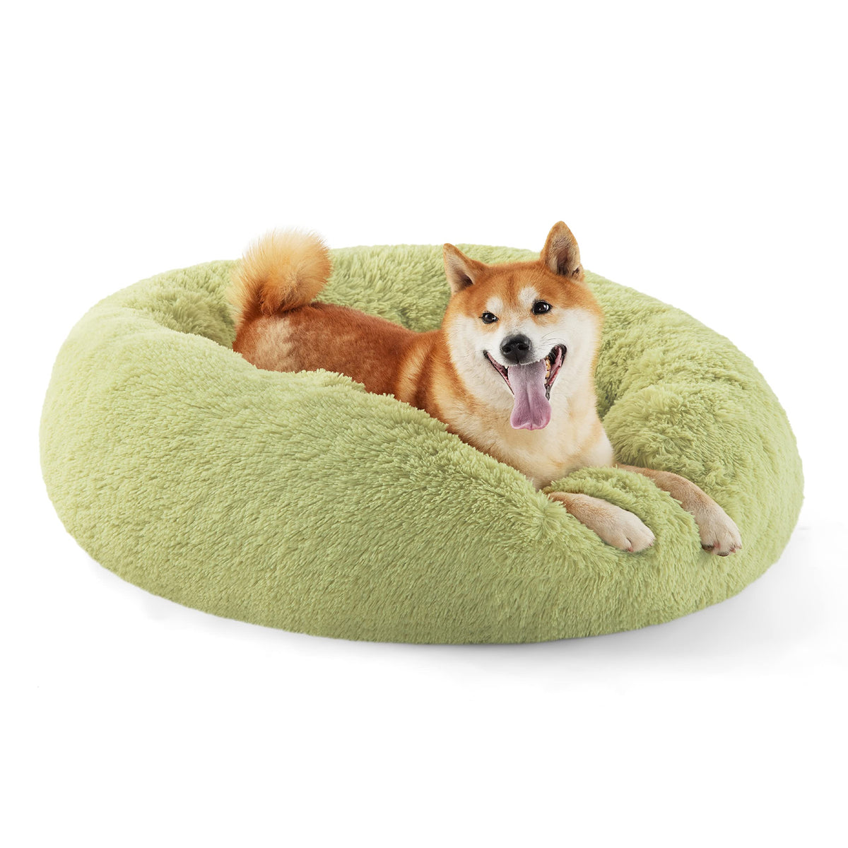 Bedsure donut bed round green front view showing plush fur for curling up