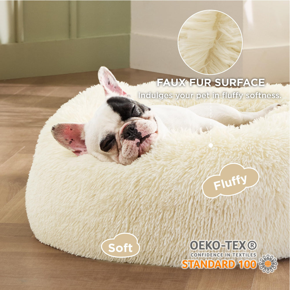 Bedsure donut dog bed side view highlighting raised rim for head and neck support