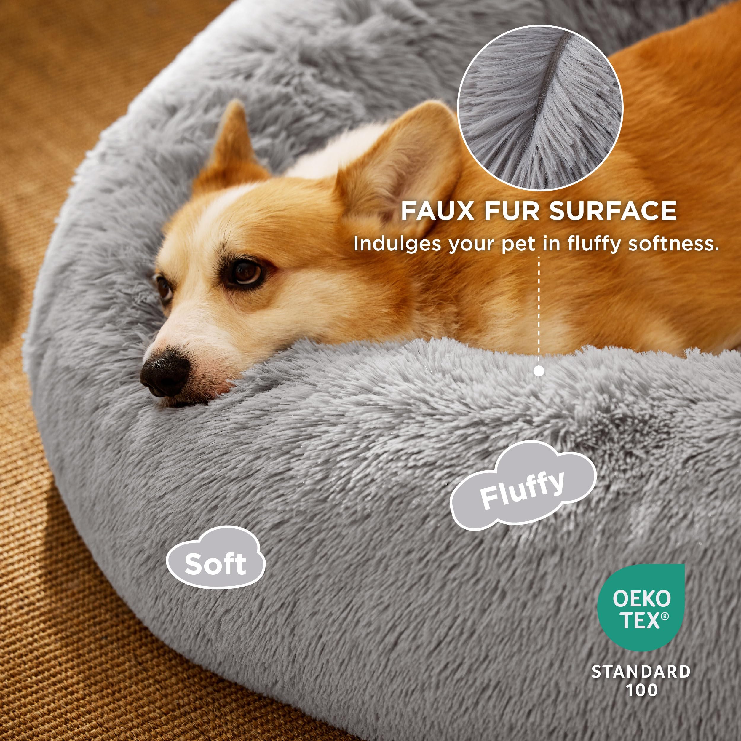 Bedsure donut dog bed anti-slip base keeps the bed steady during play.