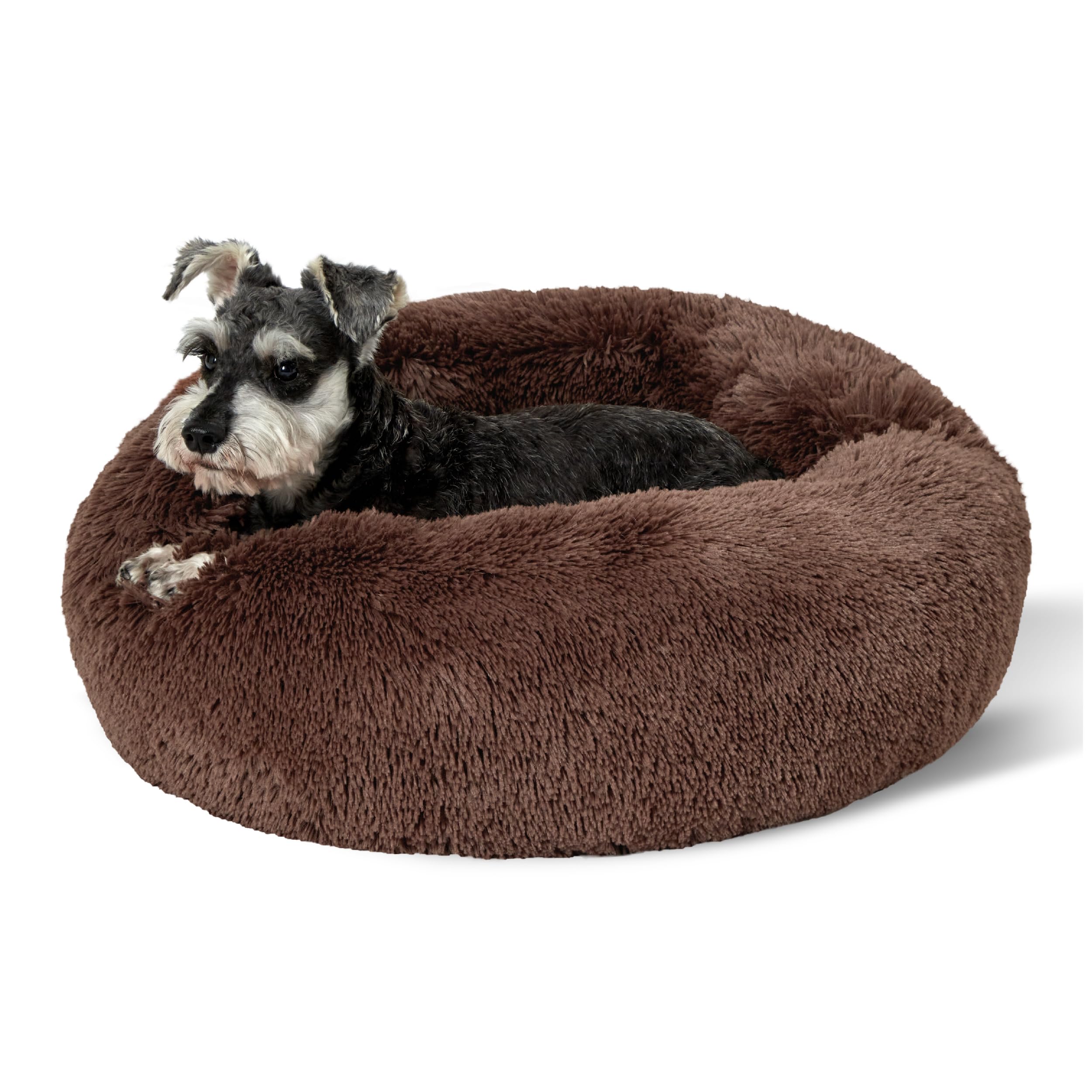 Bedsure donut dog bed coffee 27in round design for curl-up comfort.