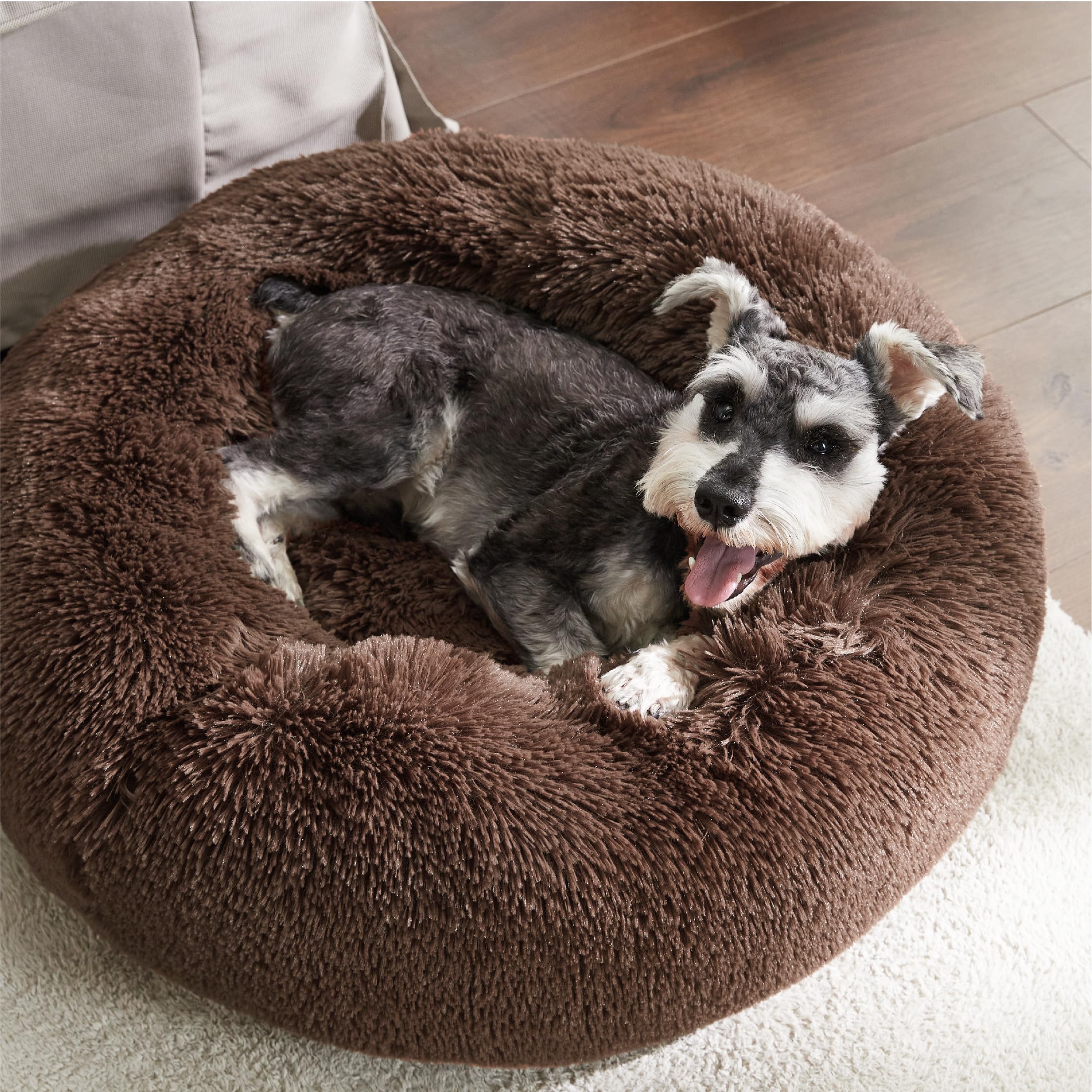 Bedsure donut dog bed raised rim supports head and neck.