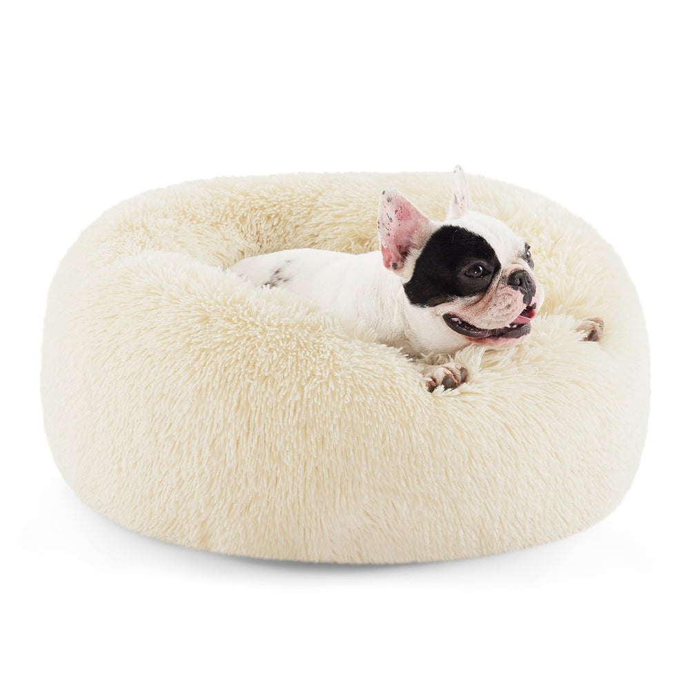 Bedsure donut dog bed ivory-beige-23in, plush fur for cozy curled-up sleeping.