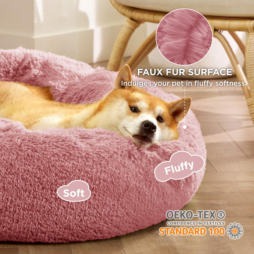 Bedsure donut dog bed side profile highlights raised rim for neck and head support.