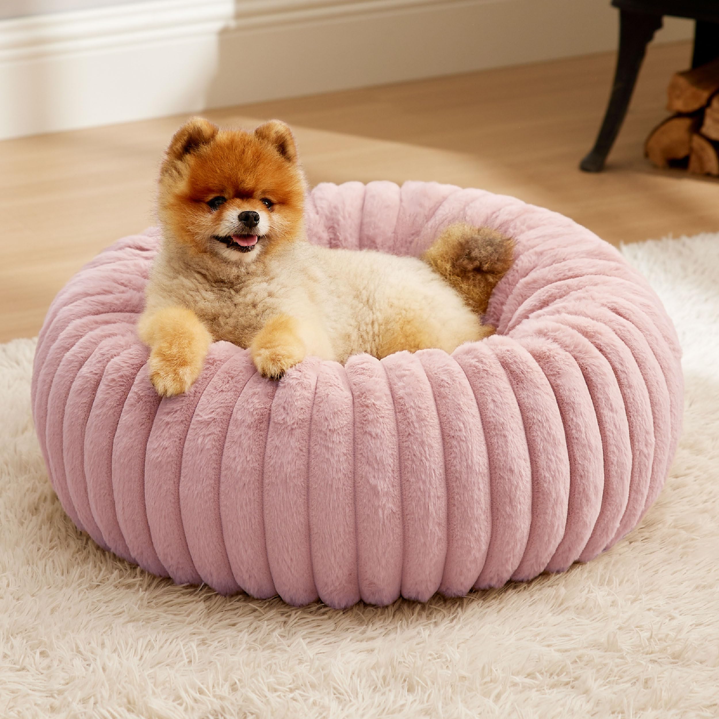 Bedsure Donut Small Dog Bed blush pink cover offers cozy nesting and stylish décor.