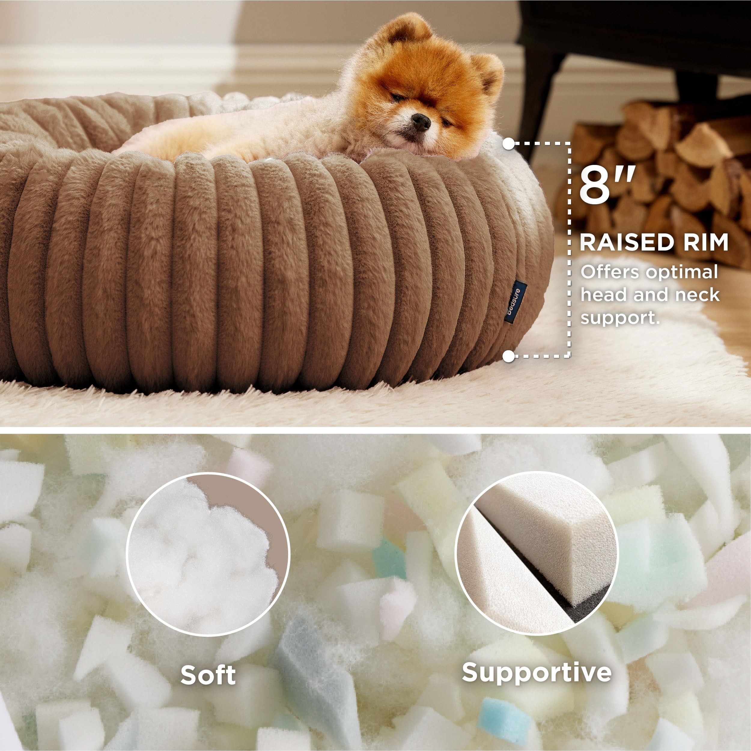 Bedsure donut dog bed camel top view highlighting circular shape and plush comfort.
