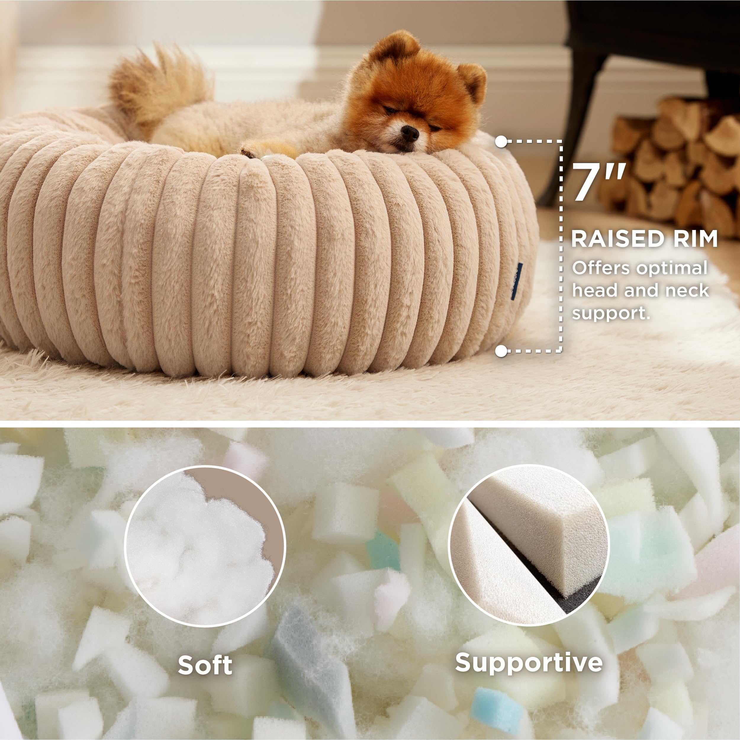 Bedsure Donut Small Dog Bed round shape emphasizes cozy nesting for lounging.