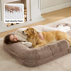 Bedsure foldable human-dog-bed in use for lounging with a pet.