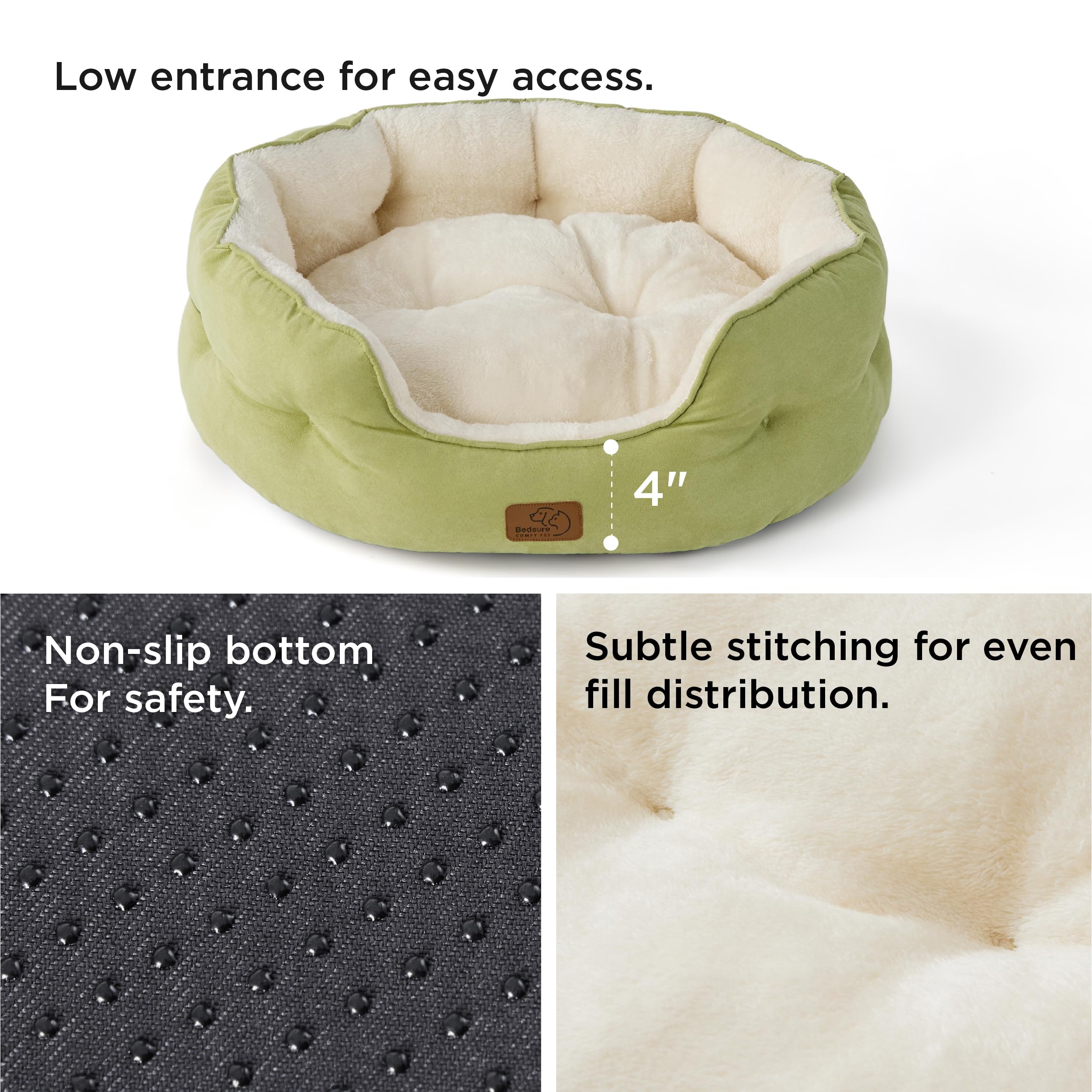 Bedsure green pet bed side view demonstrates compact, snug indoor lounging option.
