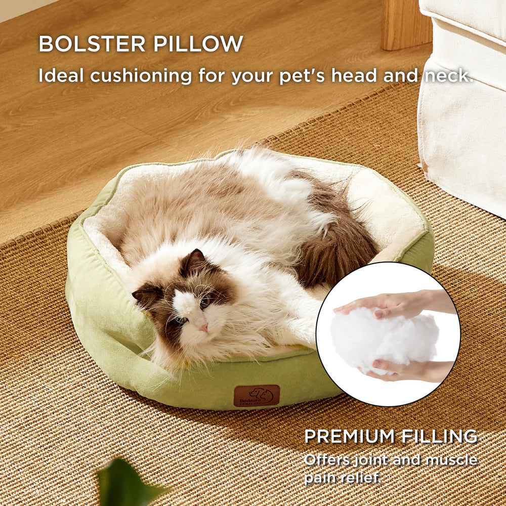 Bedsure green round pet bed placed in living room for indoor pets