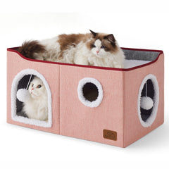 Bedsure large cat cube house pink front view showing cozy hideaway for indoor cats