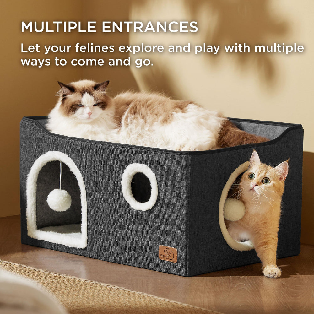 Bedsure large cat bed inside cubby demonstrates cozy hideaway for small pets.