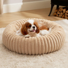 Bedsure medium dog bed round faux fur top view highlights plush warmth for cozy naps.