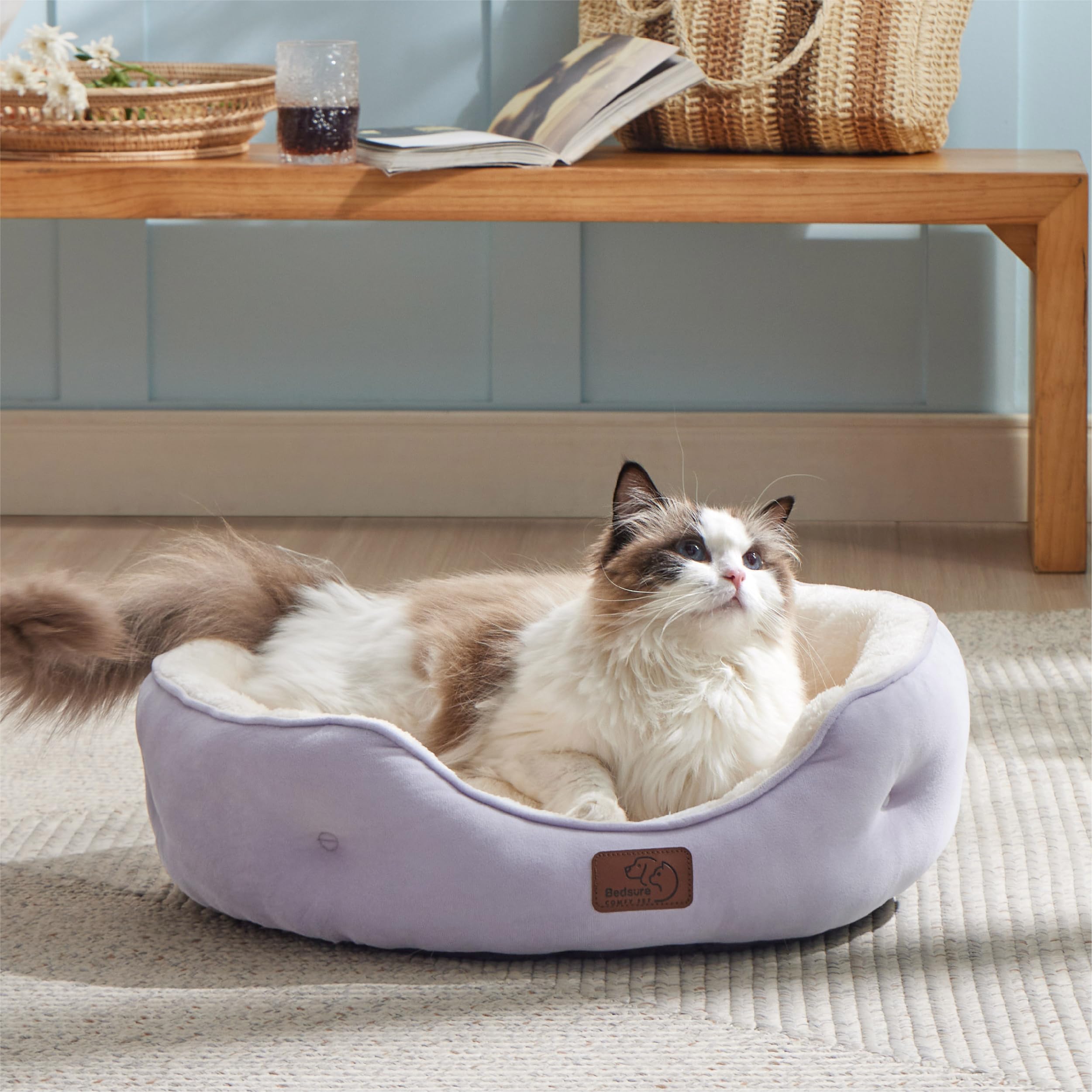 Bedsure Misty Lilac round bed that is machine washable for quick refresh