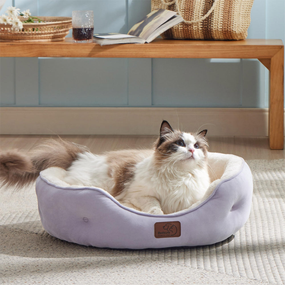Bedsure Misty Lilac round bed that is machine washable for quick refresh