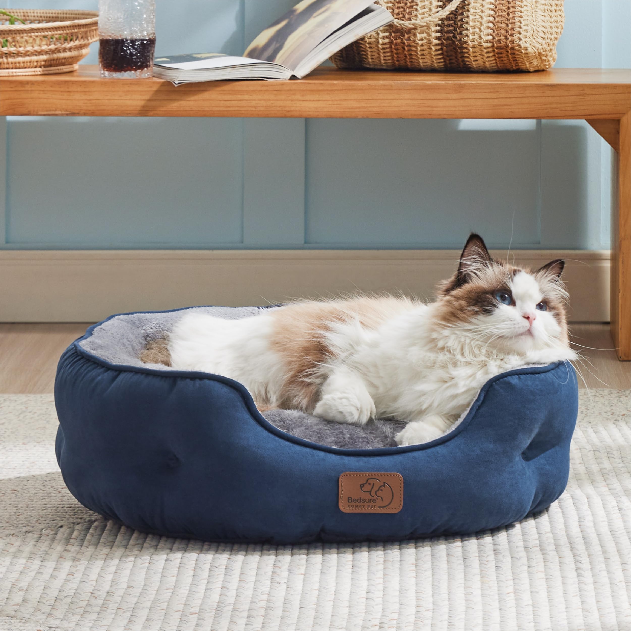 Bedsure navy bed features non-slip bottom for steady naps.
