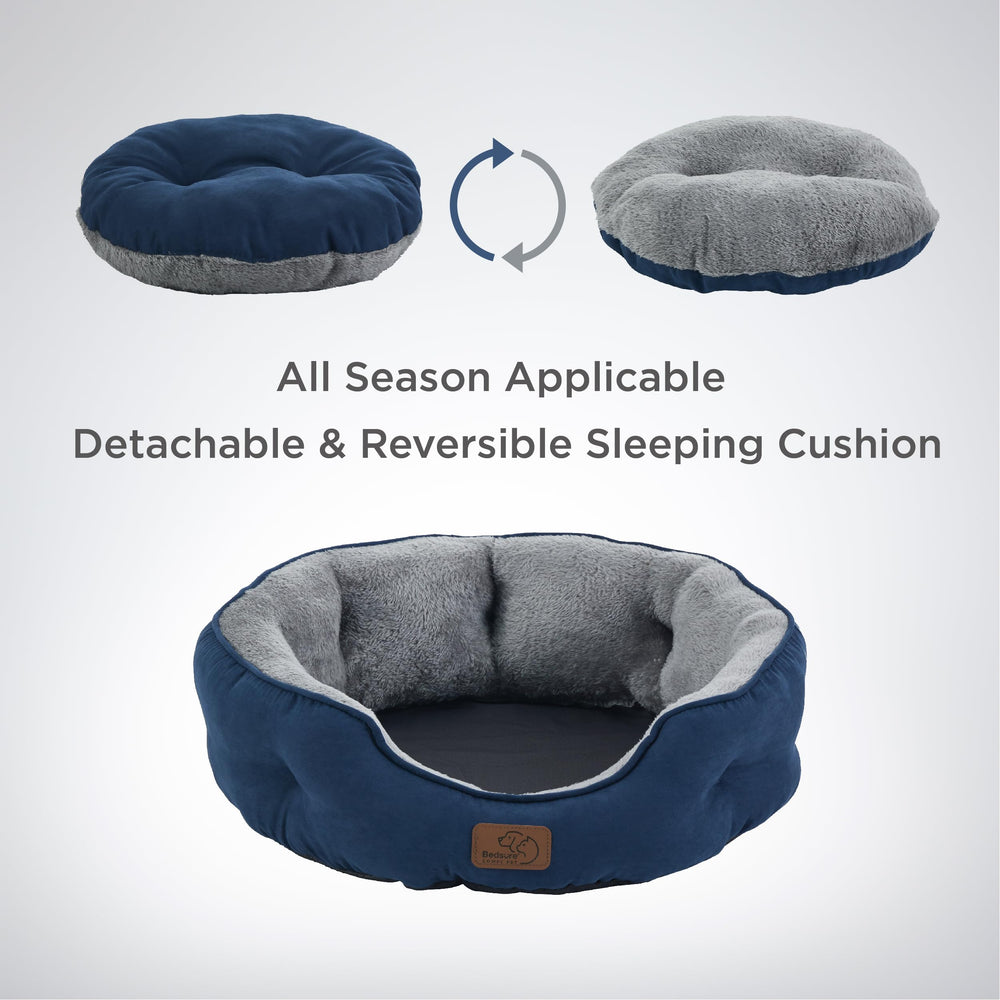 Bedsure OEKO-TEX certified tag on navy bed indicates pet-safe materials.