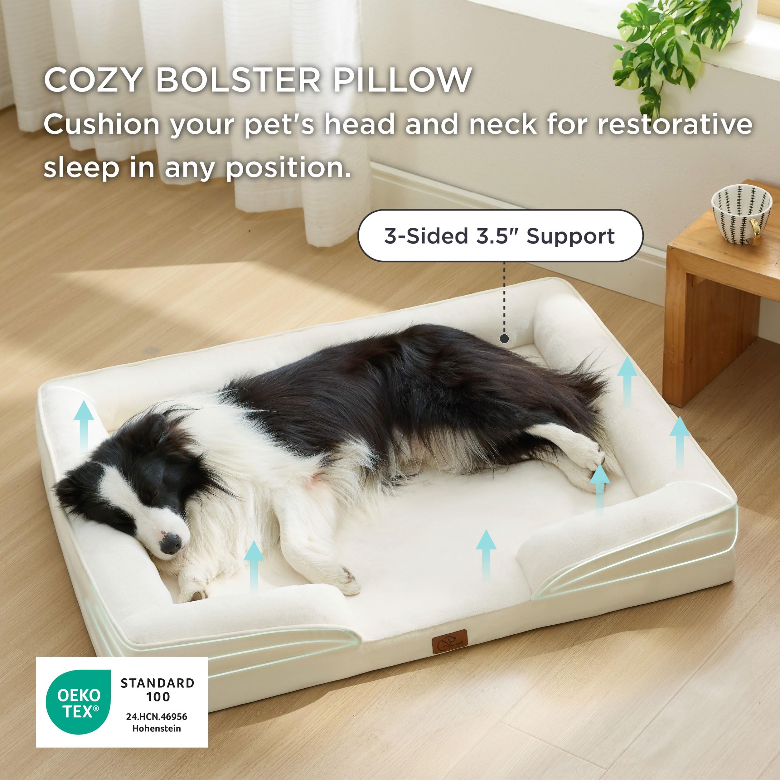 Bedsure orthopedic dog bed large ivory bolster view highlights secure, cozy snuggle zones.