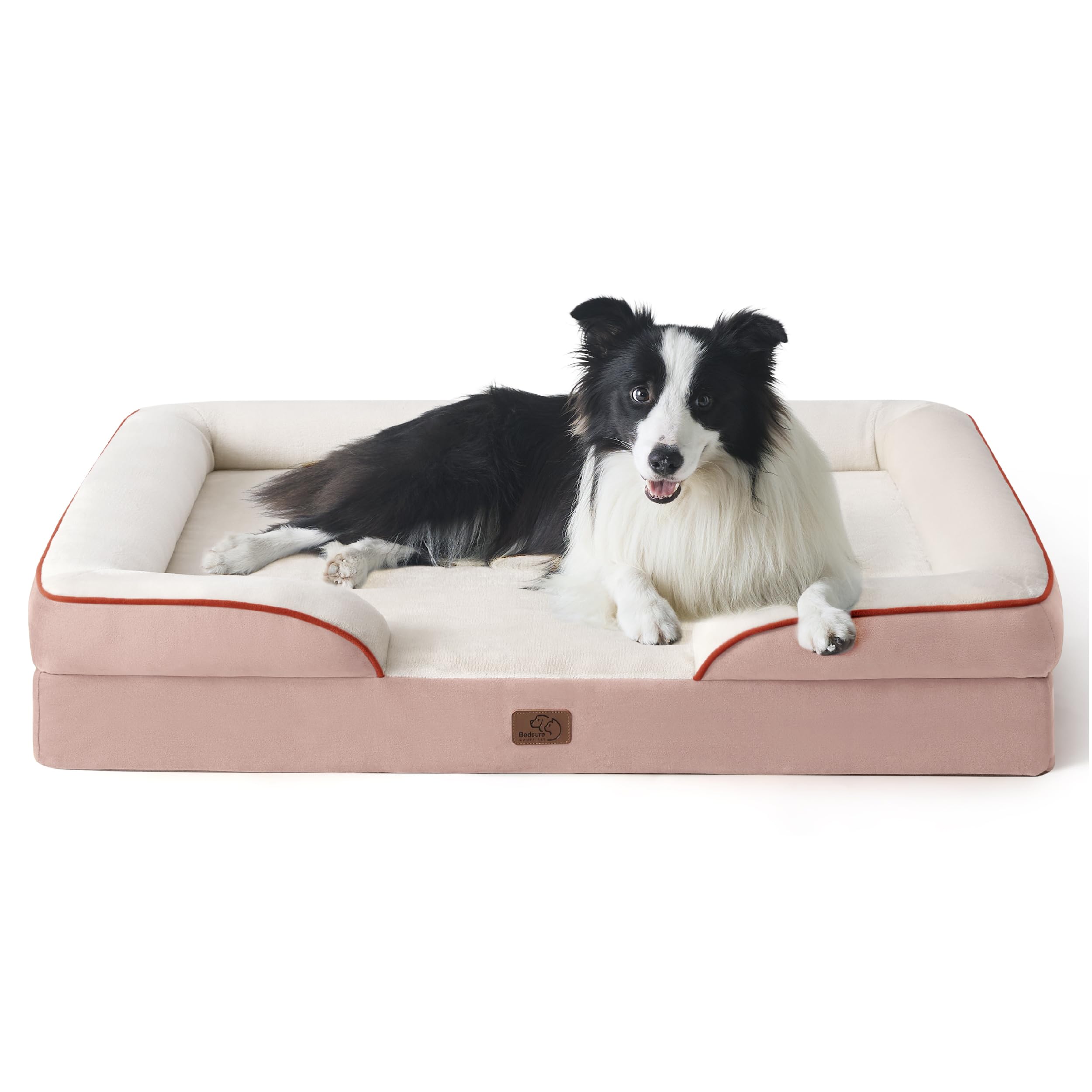 Bedsure orthopedic dog bed large pink cover shows a waterproof exterior for messes.