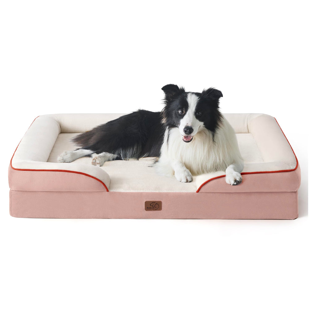 Bedsure orthopedic dog bed large pink cover shows a waterproof exterior for messes.
