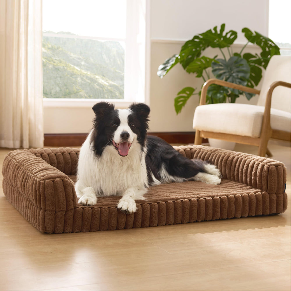 Bedsure orthopedic dog bed large side bolster supports head and neck comfort.