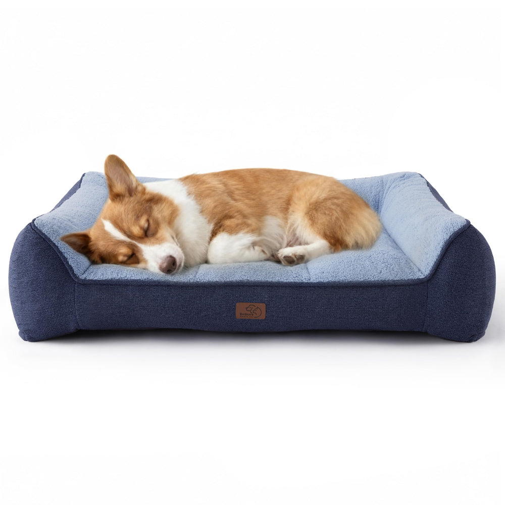 Bedsure orthopedic dog bed blue cover closeup showing supportive padding for joints