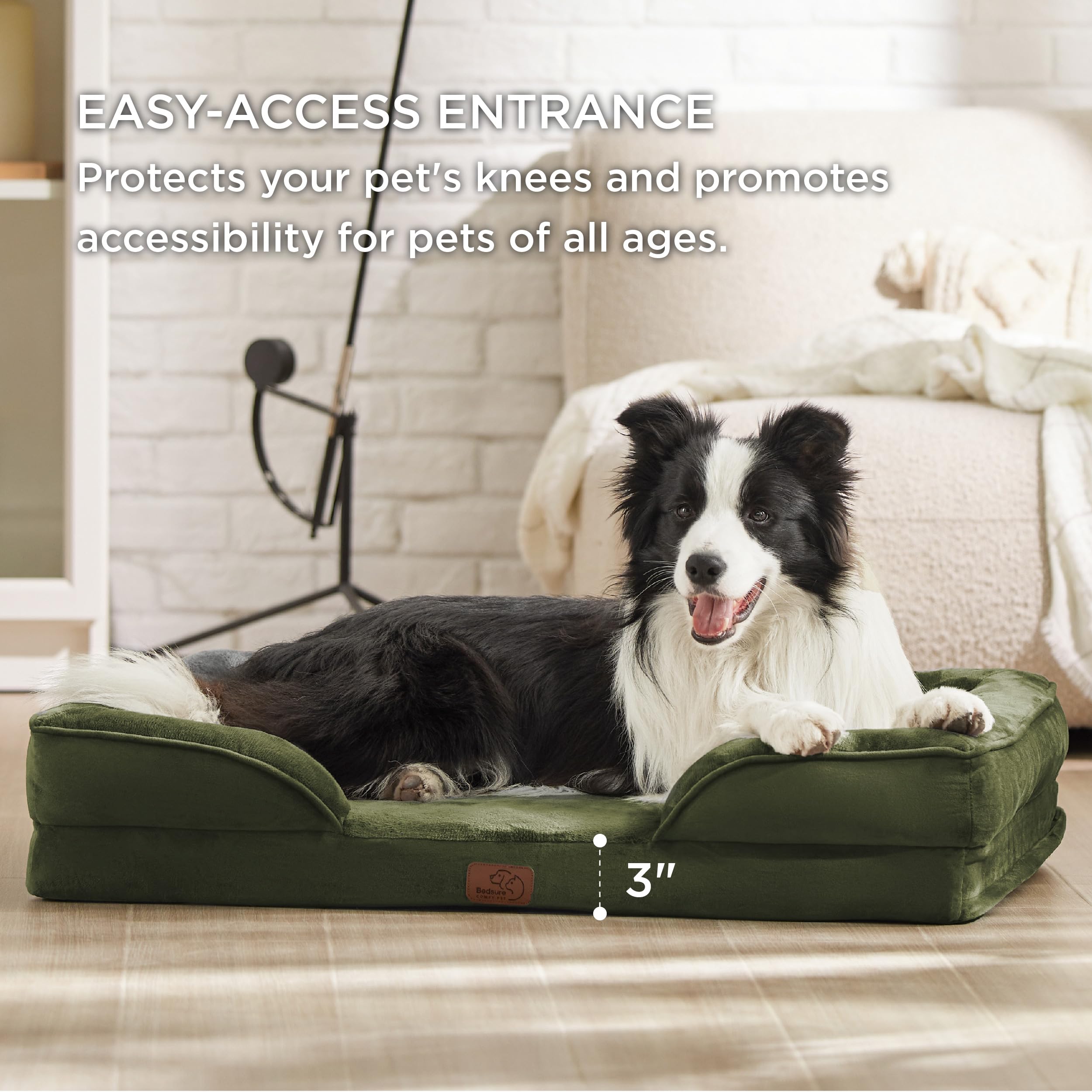 Bedsure orthopedic dog bed moss green in-use scene with a relaxed, content pet