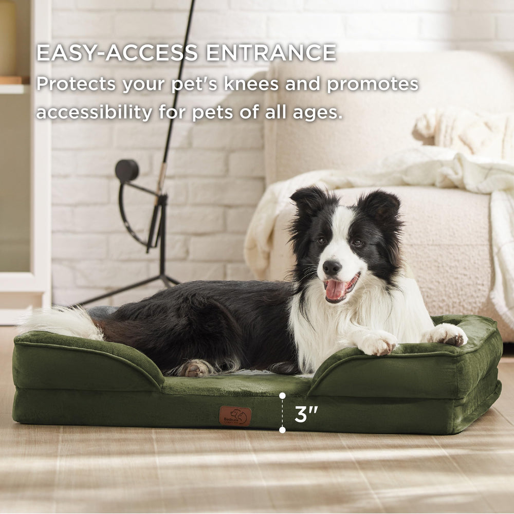 Bedsure orthopedic dog bed moss green in-use scene with a relaxed, content pet