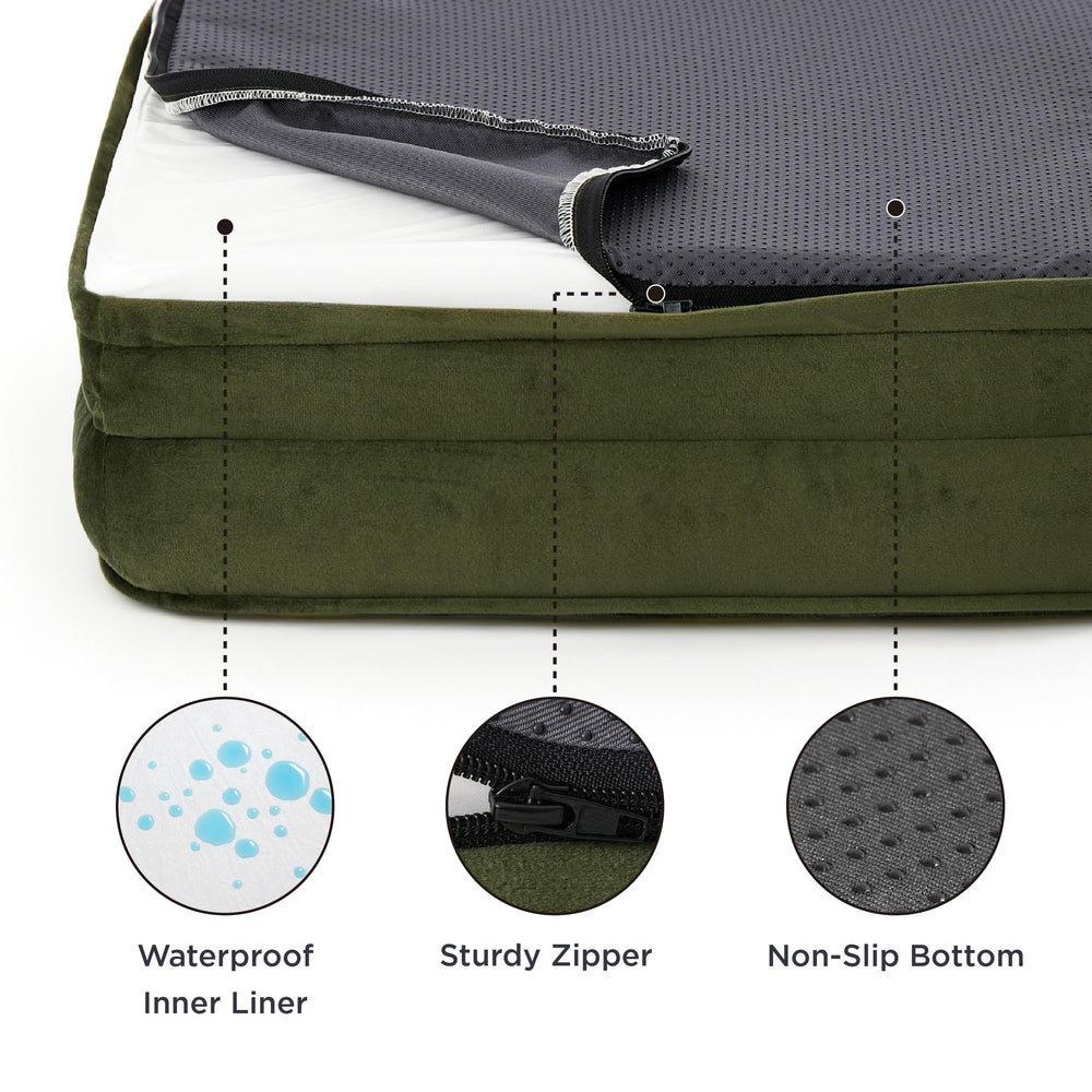 Bedsure orthopedic dog bed moss green waterproof liner closeup highlights spill protection