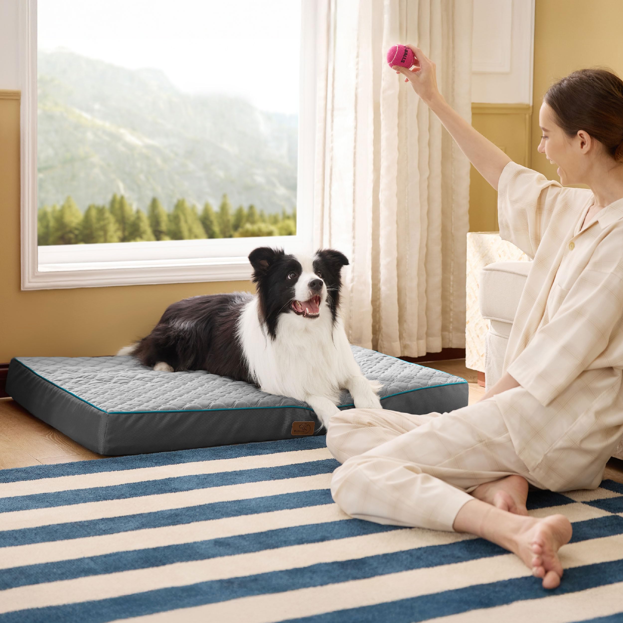 Bedsure orthopedic dog bed textured plaid velvet fabric feel.