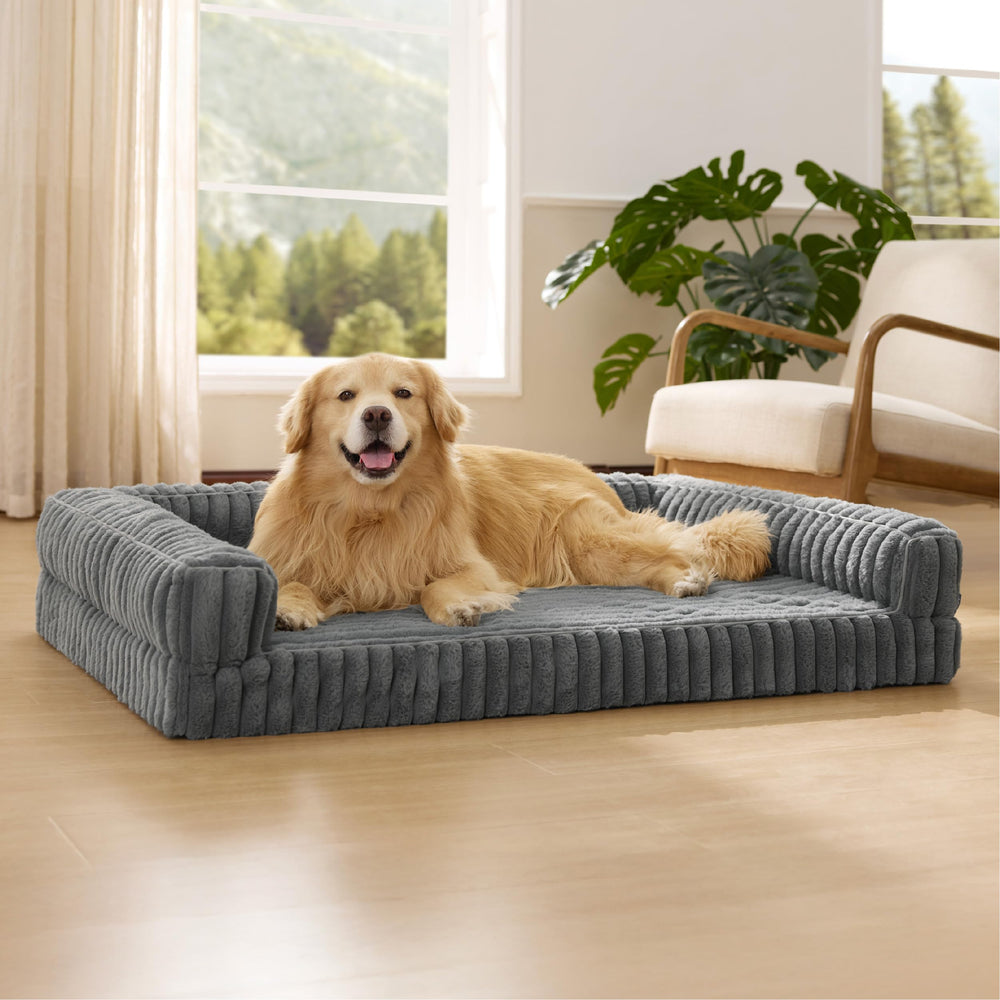 Bedsure orthopedic dog bed xl front view with low profile and plush faux fur, ideal for easy access.