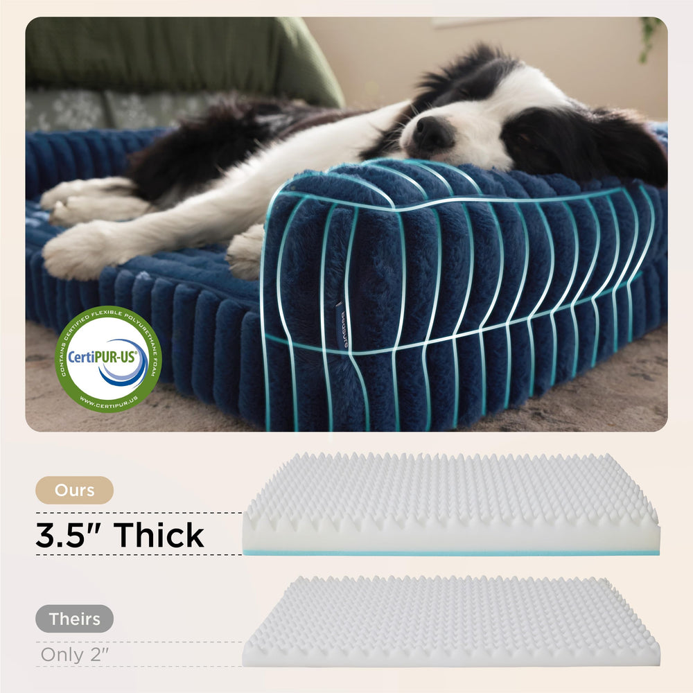 Bedsure orthopedic dog bed XL three-sided bolster offers head and neck cushioning.