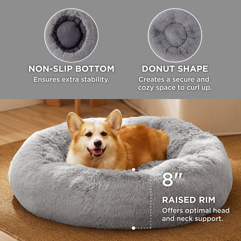 Bedsure plush faux fur donut bed showcases fluffy texture for luxurious lounging.