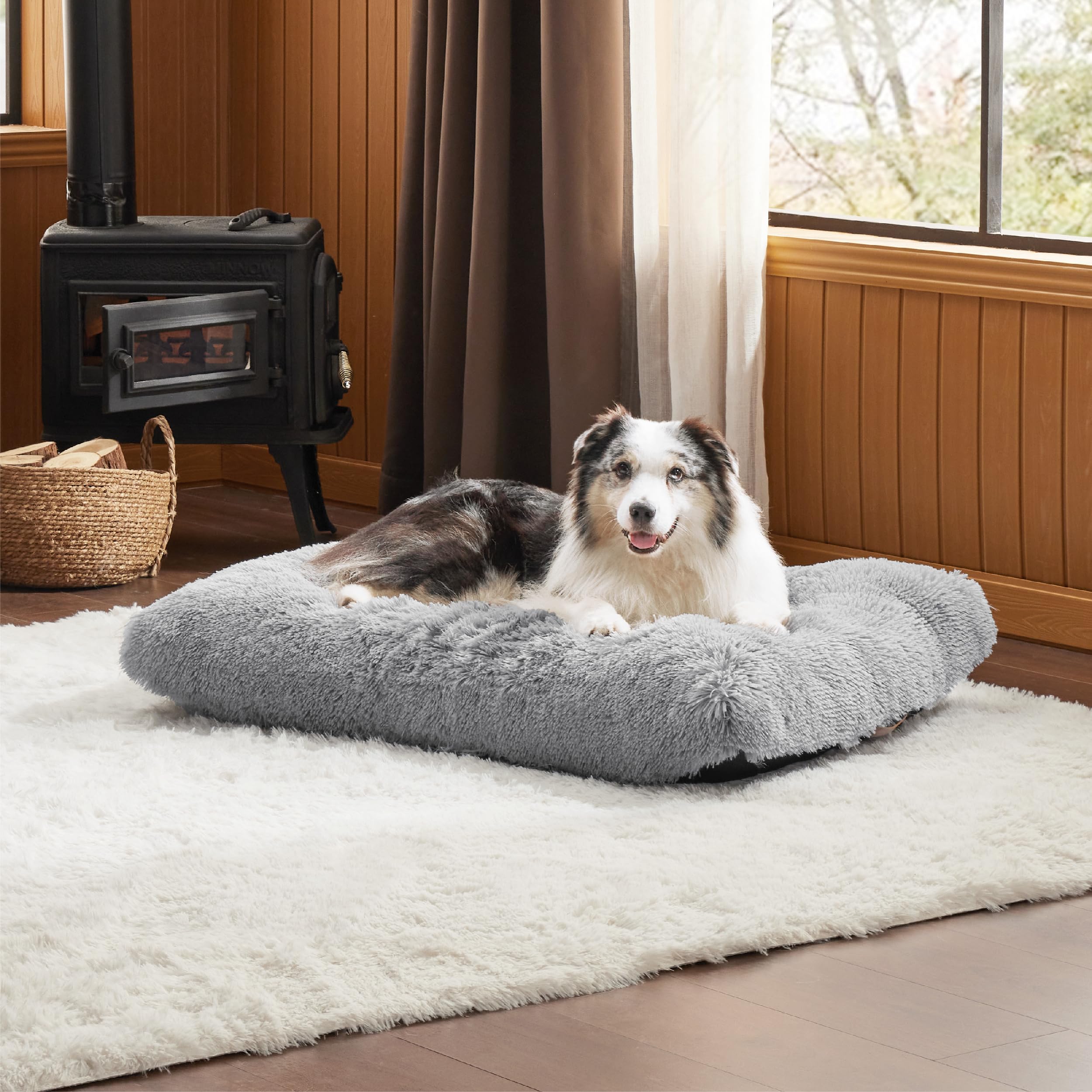 Bedsure plush soft dog sleeping mat grey enhances cozy recovery after play.