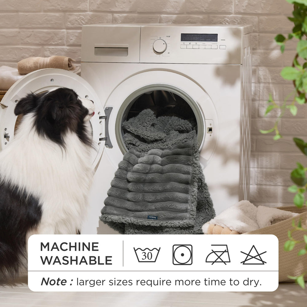 Bedsure portable blanket in warm grey, ideal for travel with pets.
