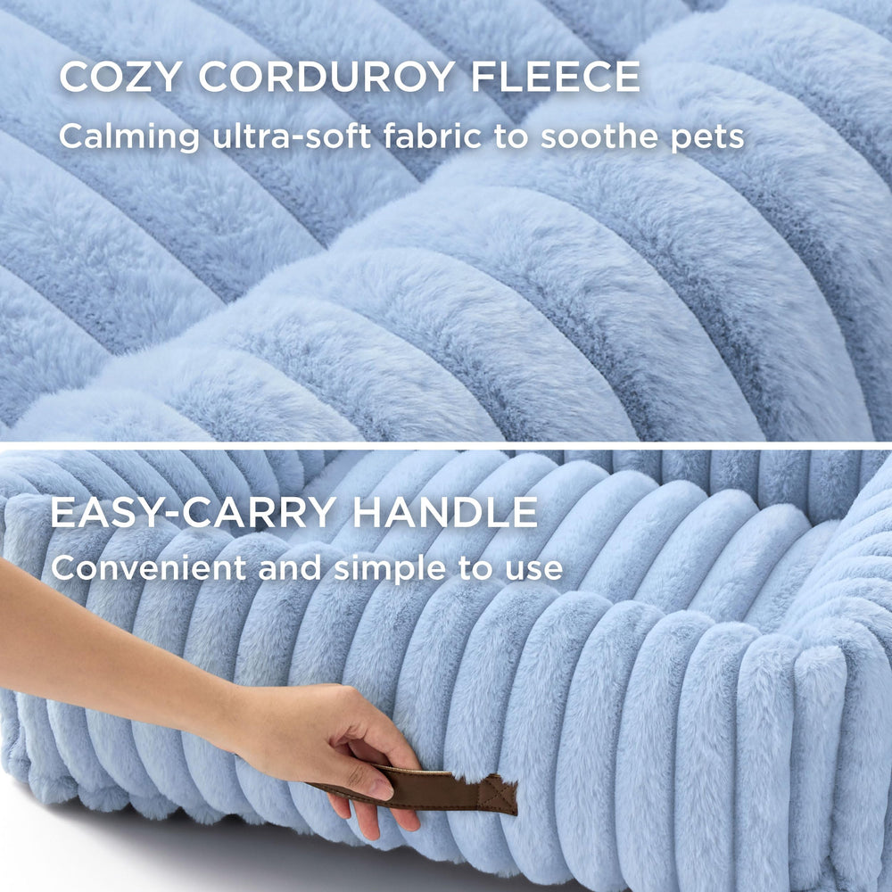 Bedsure rectangle corduroy fleece pet bed blue front view shows soft texture